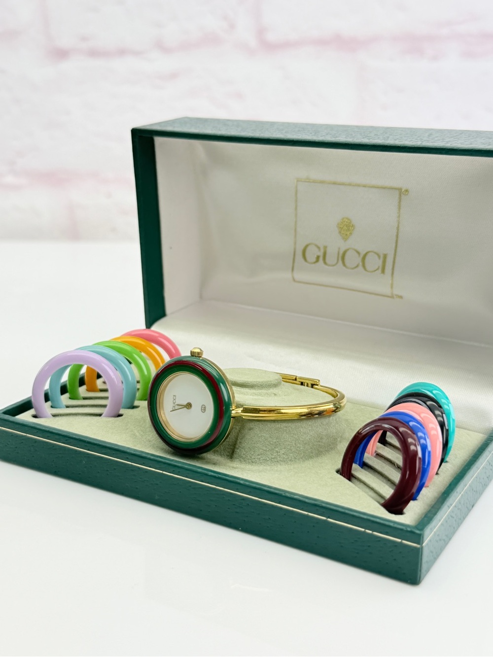 Authentic Gucci Interchangeable Bangle Watch with Colored Bezels - Gold & Green